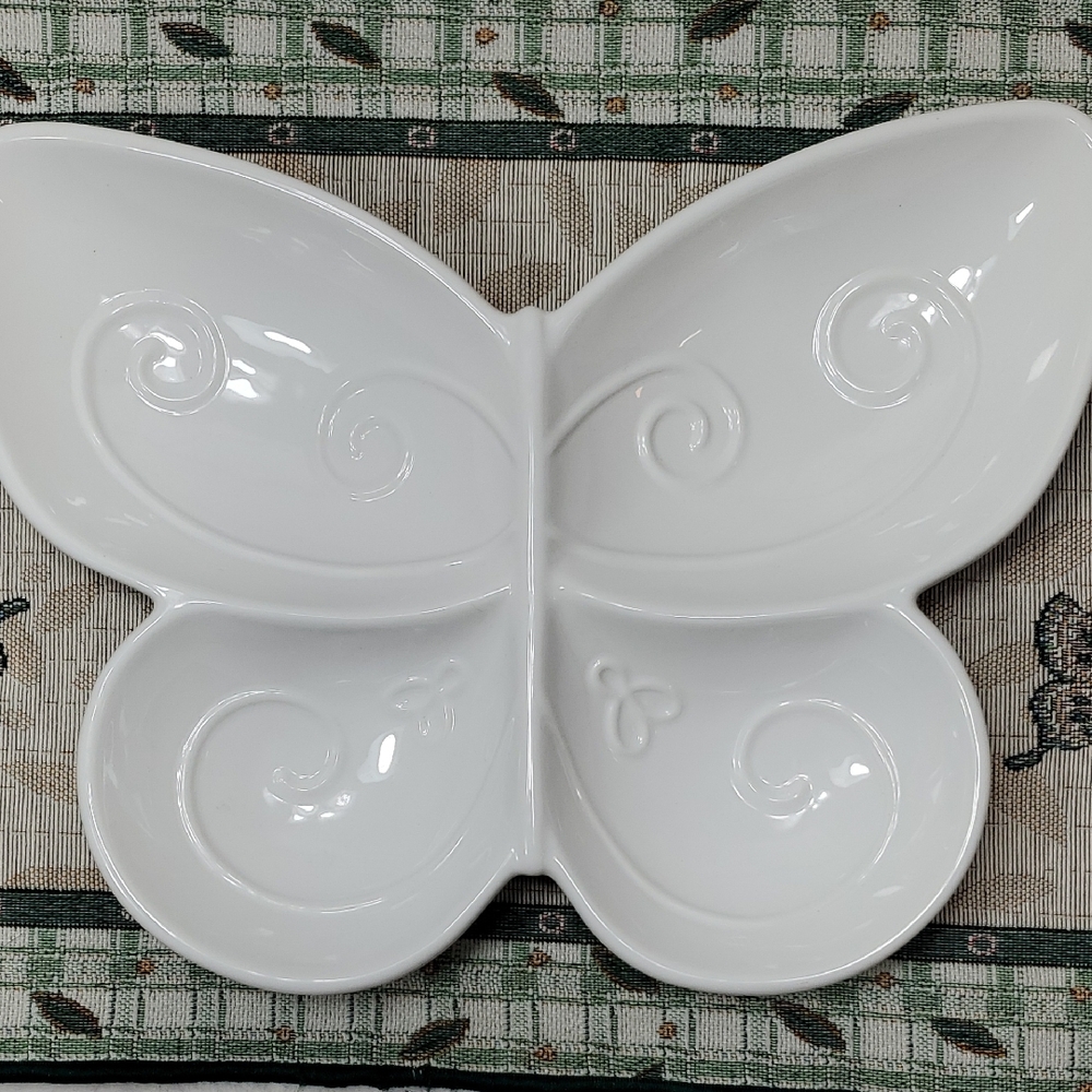 White Butterfly Divided Ceramic Serving Dish Tray Plate